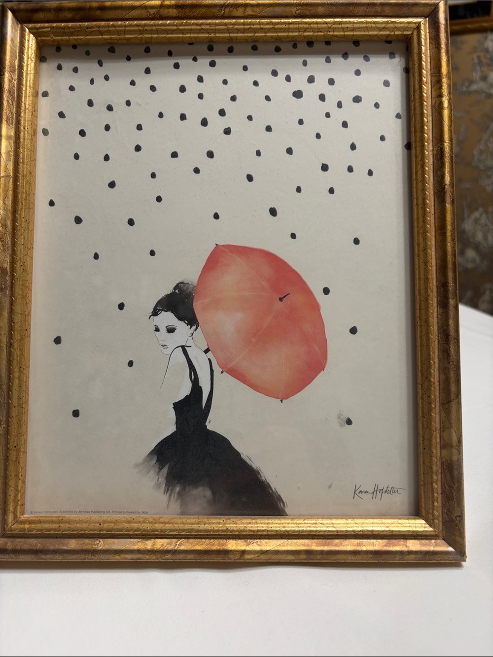 Framed Rainy Day Girl Art Print with Coral Umbrella